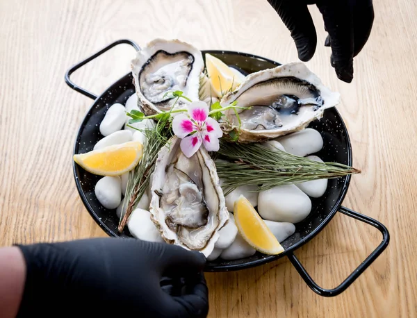 Chef opens a fresh oyster. Dish with open oysters. Restaurant. — 스톡 사진