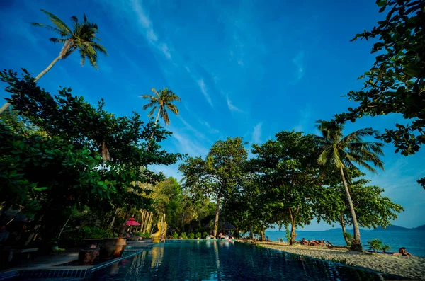 Swimming pool at exotic tropical resort. Exotic garden. — ストック写真