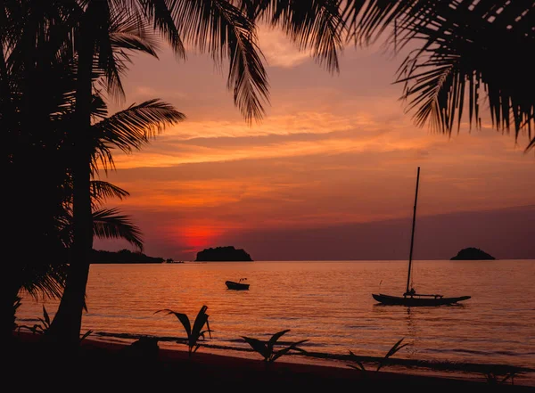 Hermosa puesta de sol en la playa en los trópicos. Cielo y océano — Foto de Stock