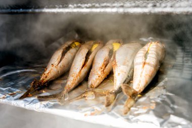 Parkta büyük bir barbekü ızgarası. Izgara içicide hazırlanmış et..