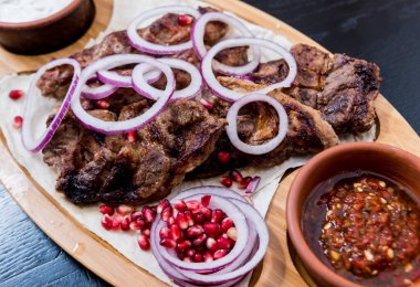 Georgian cuisine food set. Georgian restaurant. Restaurant background.