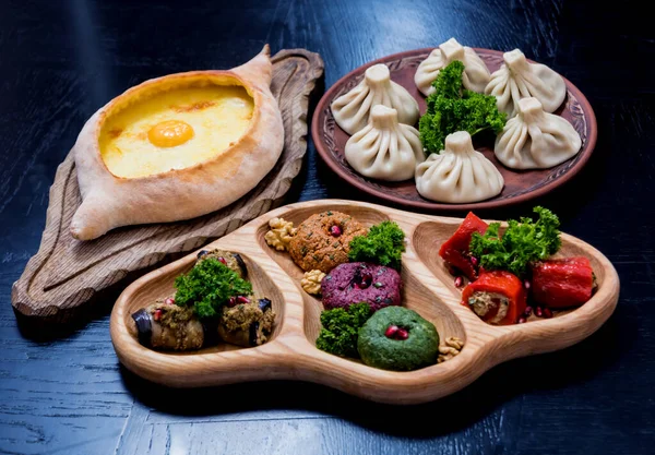 Georgian cuisine food set. Georgian restaurant. Restaurant background. — 图库照片