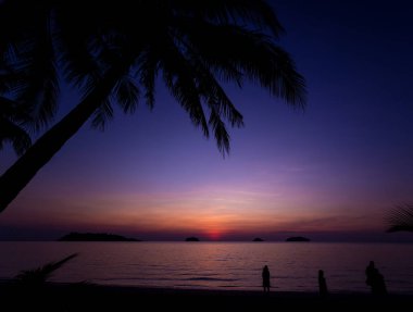 Tropiklerdeki sahilde güzel bir gün batımı. Gökyüzü ve okyanus