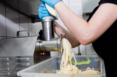 Khachapuri, pizza veya makarna için otomatik rendelenmiş peynir.. 