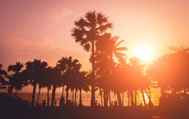 Tropiklerdeki sahilde güzel bir gün batımı. Gökyüzü ve okyanus