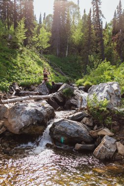 Genç güzel amazon kızı ormanda av