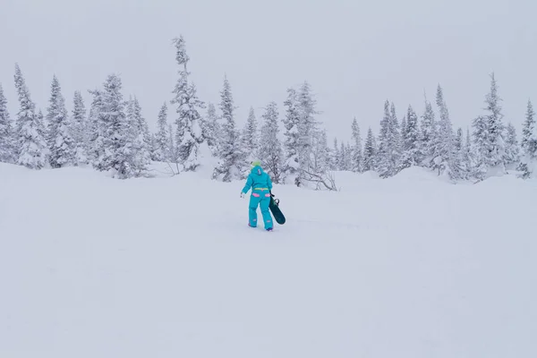 Snowboard kız ormanda — Stok fotoğraf
