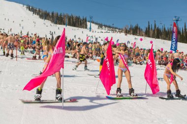 Grup genç mutlu güzel kadını bayrakları ile renkli bikini bir snowboard üzerinde.