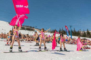 Grup genç mutlu güzel kadını bayrakları ile renkli bikini bir snowboard üzerinde.