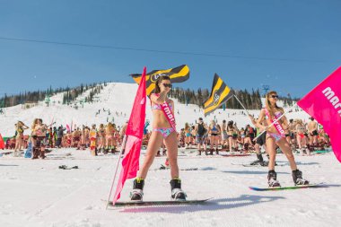 Grup genç mutlu güzel kadını bayrakları ile renkli bikini bir snowboard üzerinde.