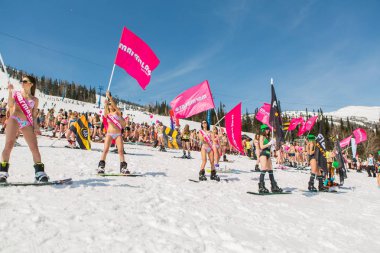Grup genç mutlu güzel kadını bayrakları ile renkli bikini bir snowboard üzerinde.