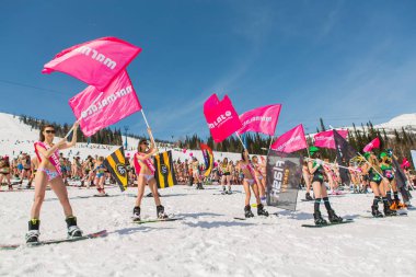 Grup genç mutlu güzel kadını bayrakları ile renkli bikini bir snowboard üzerinde.
