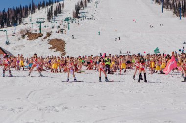 Grup genç mutlu güzel kadını bayrakları ile renkli bikini bir snowboard üzerinde.