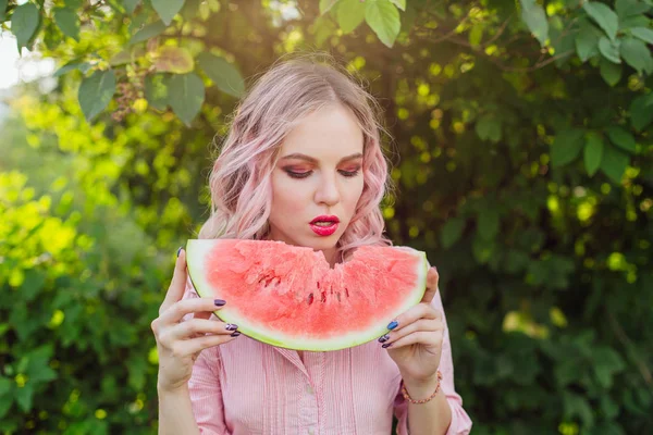 Beautiful Young Woman Pink Hair Enjoying Sweet Juicy Watermelon — Stock Photo, Image