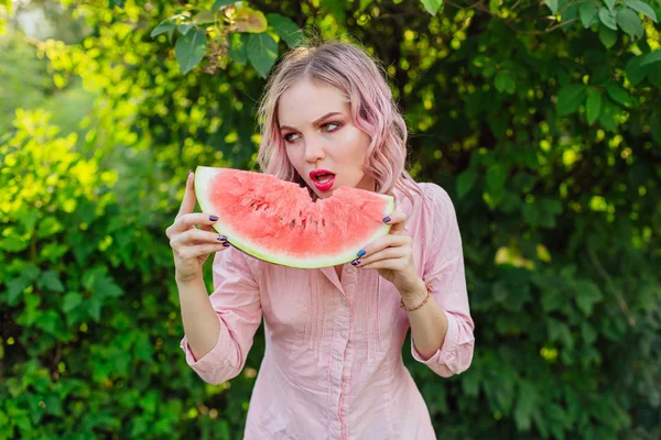 Beautiful Young Woman Pink Hair Enjoying Sweet Juicy Watermelon — Stock Photo, Image