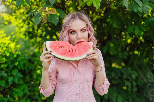 Beautiful Young Woman Pink Hair Enjoying Sweet Juicy Watermelon — Stock Photo, Image