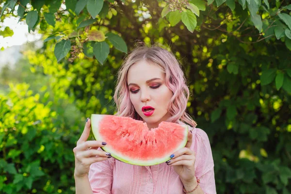 Beautiful Young Woman Pink Hair Enjoying Sweet Juicy Watermelon — Stock Photo, Image