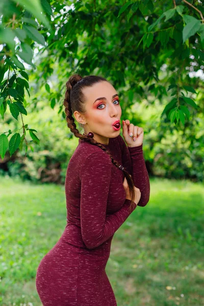 Beautiful Young Woman Long Braid Cherry Earrings Eats Cherry Summer — Stock Photo, Image