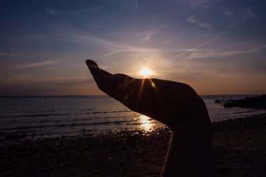 Gün batımı sırasında avuç güneş.