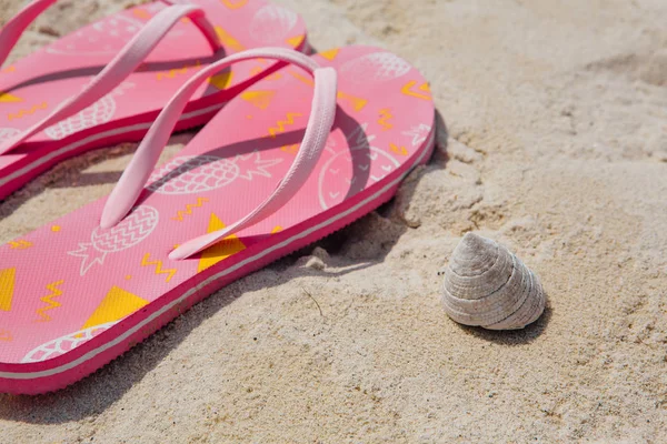 Pink flip flops on the sand. — Stok Foto