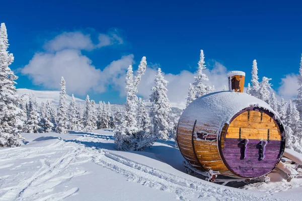Big wooden barrel in a winter forest.