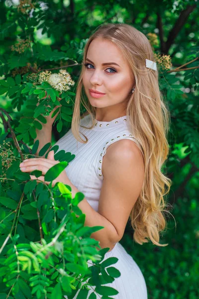 Retrato de una encantadora mujer rubia con hermoso vestido blanco de pie junto al rowan tree . — Foto de Stock