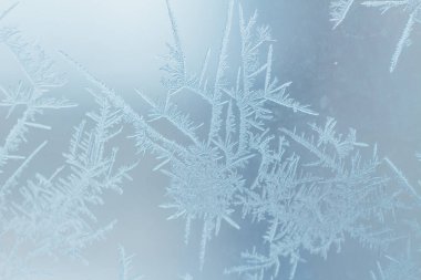 Frosty ice patterns on the window glass.