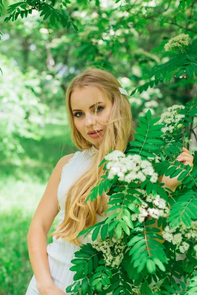 Portret van een charmante blonde vrouw met mooie witte jurk naast een zwanenboom met witte bloemen. — Stockfoto