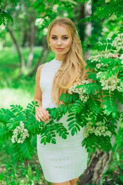 Beyaz çiçekli Rowan ağacının yanında duran güzel, beyaz elbiseli sarışın bir kadının portresi..