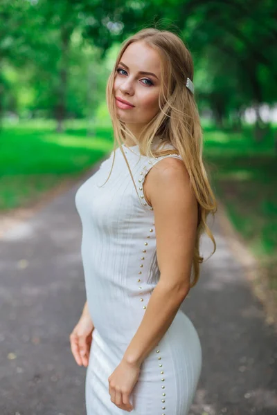 Spring Portrait Charming Blond Woman Wearing Beautiful White Dress Standing — Stock Photo, Image