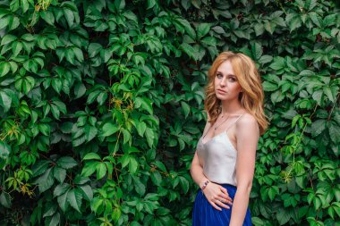 Makyajlı, kıvırcık sarı saçlı, vahşi üzüm yapraklarının yanında duran güzel bir kadının portresi. Boşluğu kopyala.