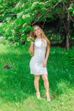 Güzel beyaz elbiseler giyen çekici bir sarışının bahar portresi çiçek açan kürek ağacının yanında beyaz çiçeklerle duruyor..