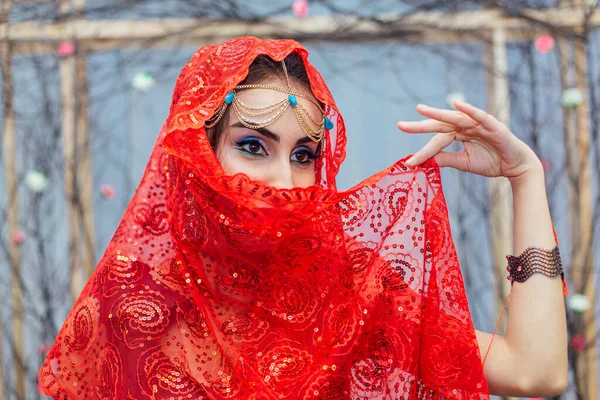Close Portrait Beautiful Eastern Woman Bright Makeup Jewelry Wearing Red — Stock Photo, Image