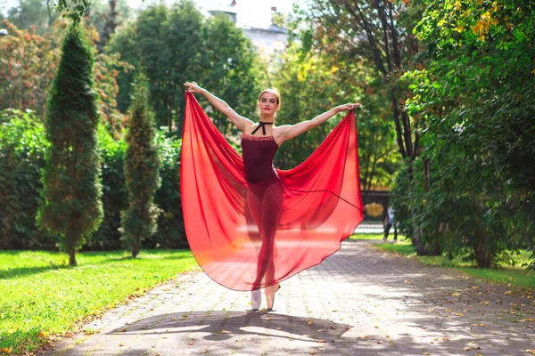 Woman ballerina in red ballet dress dancing in pointe shoes in autumn park. Ballerina standing in beautiful ballet pose