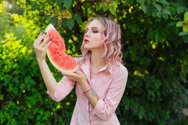 Beautiful Young Woman Pink Hair Enjoying Sweet Juicy Watermelon — Stock Photo, Image