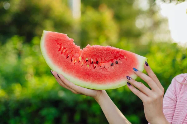 Close Red Juicy Watermelon Woman Hands — Stock Photo, Image