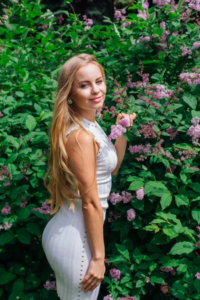 春天的肖像 一个迷人的金发女郎穿着美丽的白色礼服站在盛开的紫色丁香树丛旁边 — 图库照片