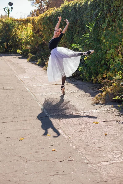 Ballerine Femme Jupe Ballet Blanche Dansant Pointes Dans Parc Automne — Photo