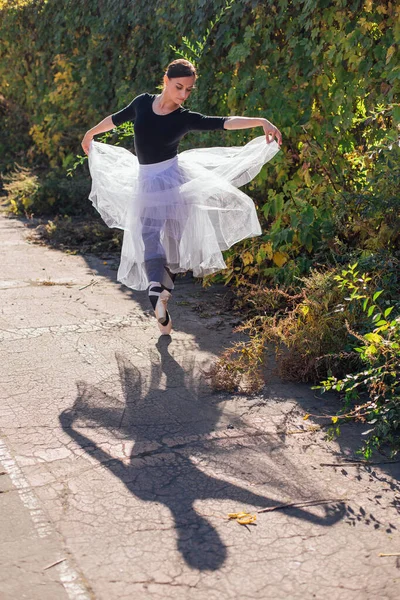 Ballerine Femme Jupe Ballet Blanche Dansant Pointes Dans Parc Automne — Photo