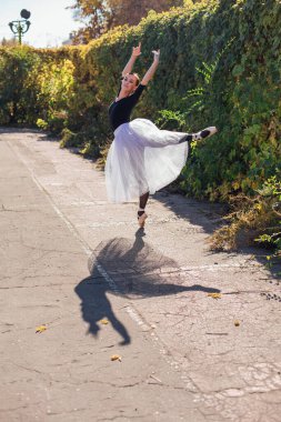 Beyaz etekli kadın balerin altın bir sonbahar parkında sivri ayakkabılarla dans ediyor. Balerin güzel bir bale pozisyonunda duruyor.