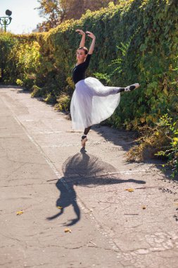 Beyaz etekli kadın balerin altın bir sonbahar parkında sivri ayakkabılarla dans ediyor. Balerin güzel bir bale pozisyonunda duruyor.