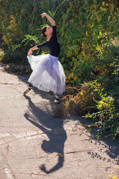 Ballerina Donna Gonna Bianca Ballerina Scarpe Punta Parco Autunnale Dorato — Foto Stock