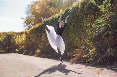 Beyaz etekli kadın balerin altın bir sonbahar parkında sivri ayakkabılarla dans ediyor. Balerin güzel bir bale pozisyonunda duruyor.