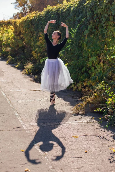 Žena Balerína Bílé Baletní Sukni Tančící Špičatých Botách Zlatém Podzimním — Stock fotografie