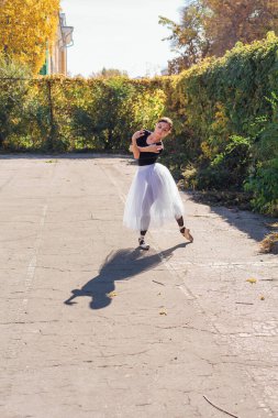 Beyaz etekli kadın balerin altın bir sonbahar parkında sivri ayakkabılarla dans ediyor. Balerin güzel bir bale pozisyonunda duruyor.