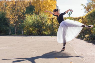 Beyaz etekli kadın balerin altın bir sonbahar parkında sivri ayakkabılarla dans ediyor. Balerin güzel bir bale pozisyonunda duruyor.