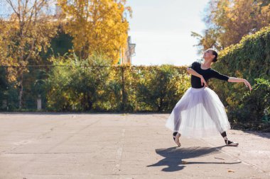 Beyaz etekli kadın balerin altın bir sonbahar parkında sivri ayakkabılarla dans ediyor. Balerin güzel bir bale pozisyonunda duruyor.