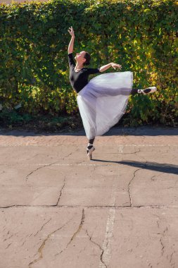 Beyaz etekli kadın balerin altın bir sonbahar parkında sivri ayakkabılarla dans ediyor. Balerin güzel bir bale pozisyonunda duruyor.