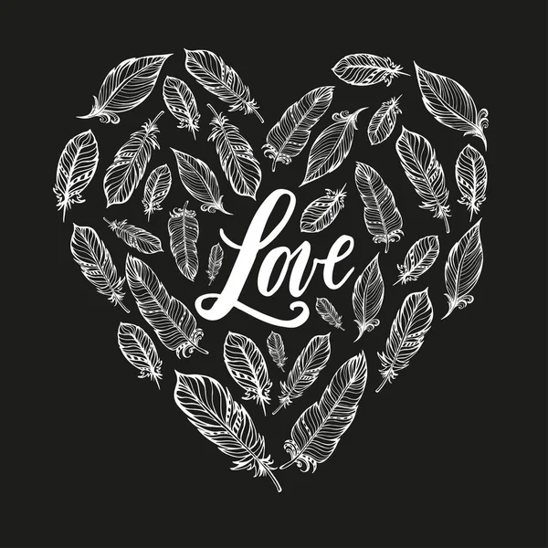 Typographie affiche lettrage amour et plumes forment un cœur . — Image vectorielle