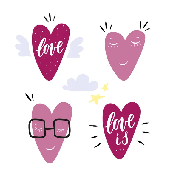 Hand drawn hearts characters. Set of 4 icons with design elements — Stock Vector